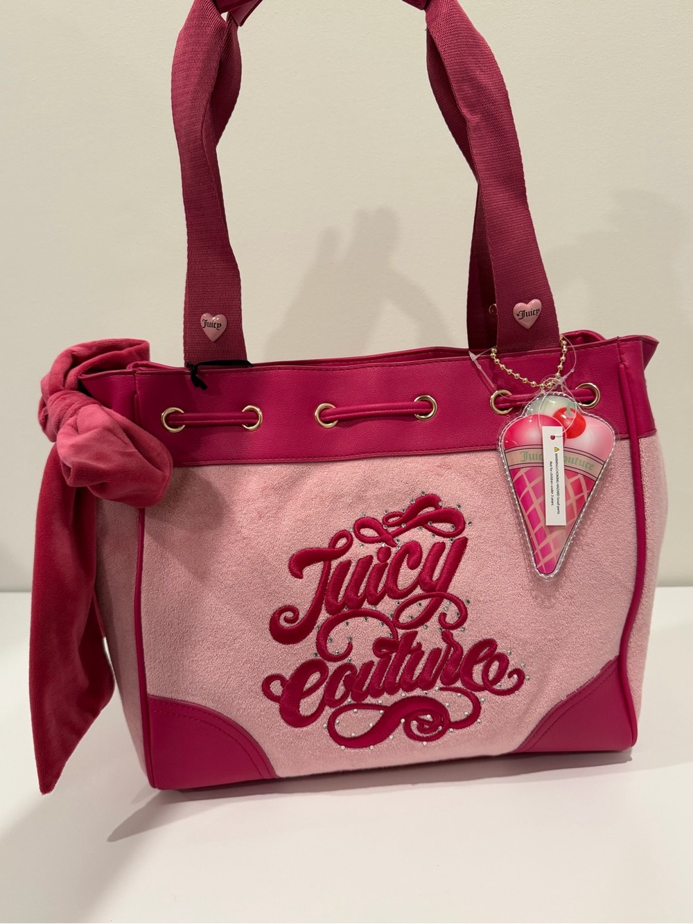 Juicy Couture Pink Two-Tone Canvas & Leather Tote with Embroidered Logo